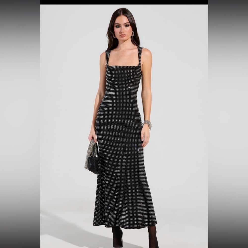 Akira Rhinestone Square Neck Black Dress
